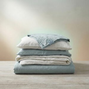 Washed linen bedding set in chalk white and sea mist