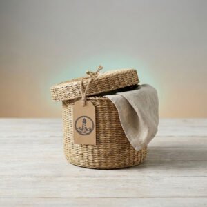 Westerly woven seagrass gift hamper with linen cloth