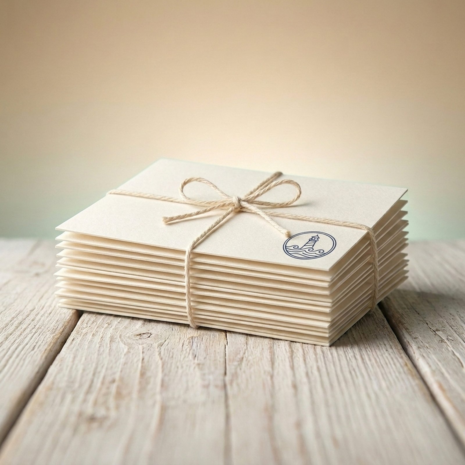Stack of six blank cream cotton-paper cards tied with twine