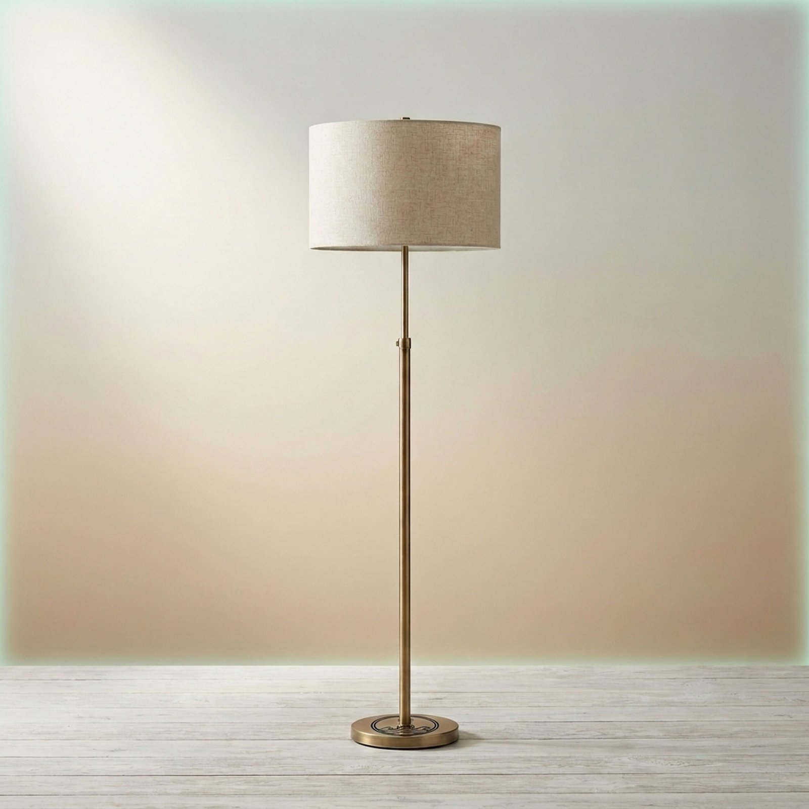 Beacon antique brass floor lamp with linen drum shade