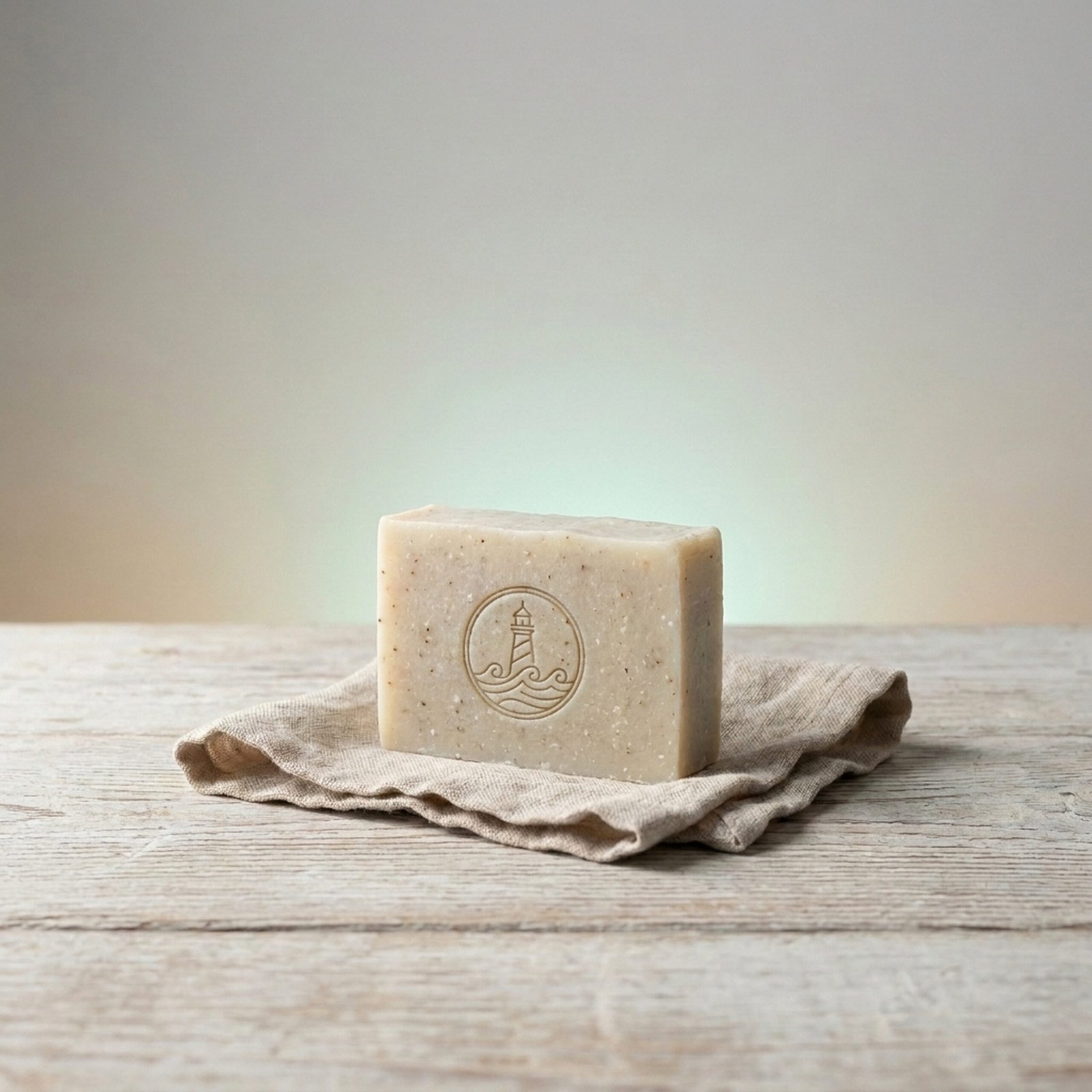 Sea salt soap travel bar on folded linen